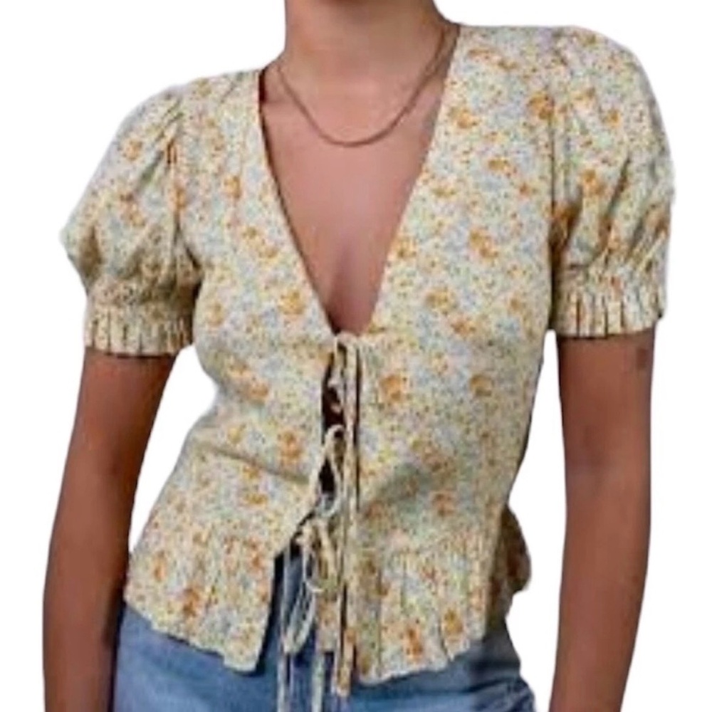 Sophie Rue Floral Print Tie Front Puff Short Sleeve Top